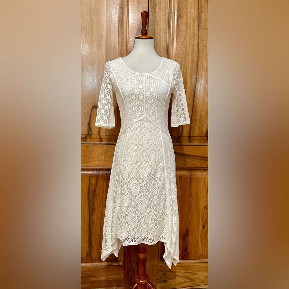 Sundance - Semi-Sheer Off-White Stretch Lace Hi-Low Hem Dress - VGUC, 4